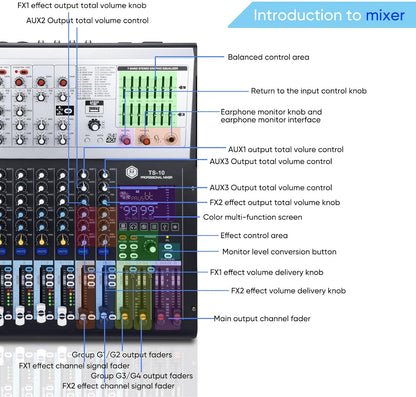 W IN-MIX Professional DJ Audio Mixer,10 Channel with 99DSP Digital Effects, MP3 Player, 48V Phantom Power with Independent Mute Switches Audio Console For Studio & Stage
