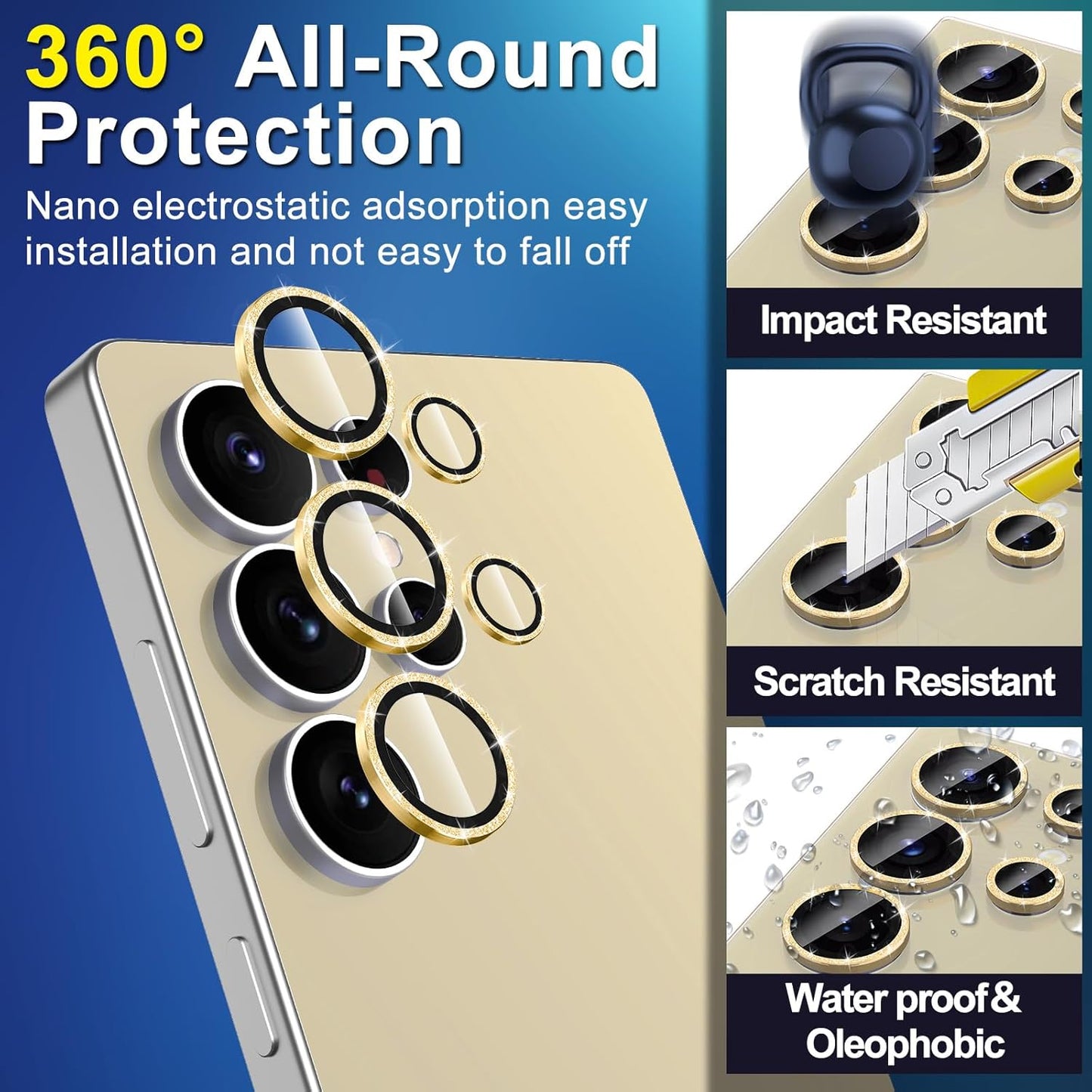 for Samsung Galaxy S25 Ultra Camera Lens Protector, Individual Metal Ring Tempered Glass Lens Cover, [Strong Adsorption] Scratch Resistant Ultra-Thin HD Clear Lens Cover, 1 Set-Gold Sparkly