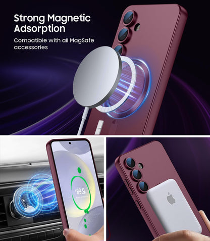 Magnetic for Samsung Galaxy S24 Plus Case [Compatible with MagSafe][Built-in Camera Lens Protector] Slim Soft Silicone Bumper Shockproof Metallic Luster Phone Case (Burgundy)
