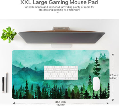 Lokigo Green Forest Mouse Pad, Waterproof Extended Large Gaming Mousepad with Non-Slip Rubber Base Stitched Edges Desk Pad Keyboard Writing Desk Mat Office Home Study 31.5"x15.7", Mountain