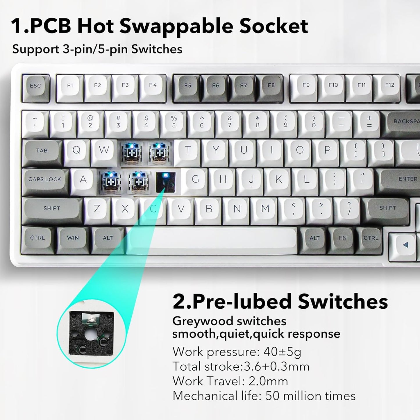 HUO JI Z-99 Wired Mechanical Keyboard, Creamy Sound, Hot Swappable Pre-lubed Linear Switches, Gasket Structure with Sound Dampening Foam, RGB Backlit, 99 Keys Custom Gaming Keyboard for PC/Mac,Gray