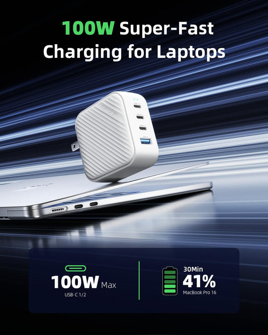 100W USB C Charger 4 Port GaN Wall Charger Block Compact Power Adapter with Folable Plugs for MacBook Air/Pro, Laptop, Tablet, iPad, iPhone, Samsung Galaxy, Apple Watch and More