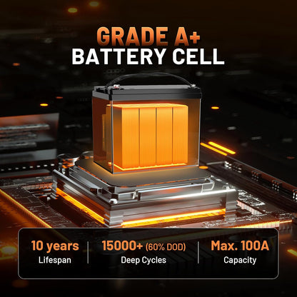 12V 100Ah LiFePO4 Lithium Battery Bluetooth - BCI Group 24 Deep Cycle Battery, Built-in 100A BMS & Low-Temp Protection, 15000+ Cycles, for RV/Marine/Trolling Motor/Off-Grid/Home Backup