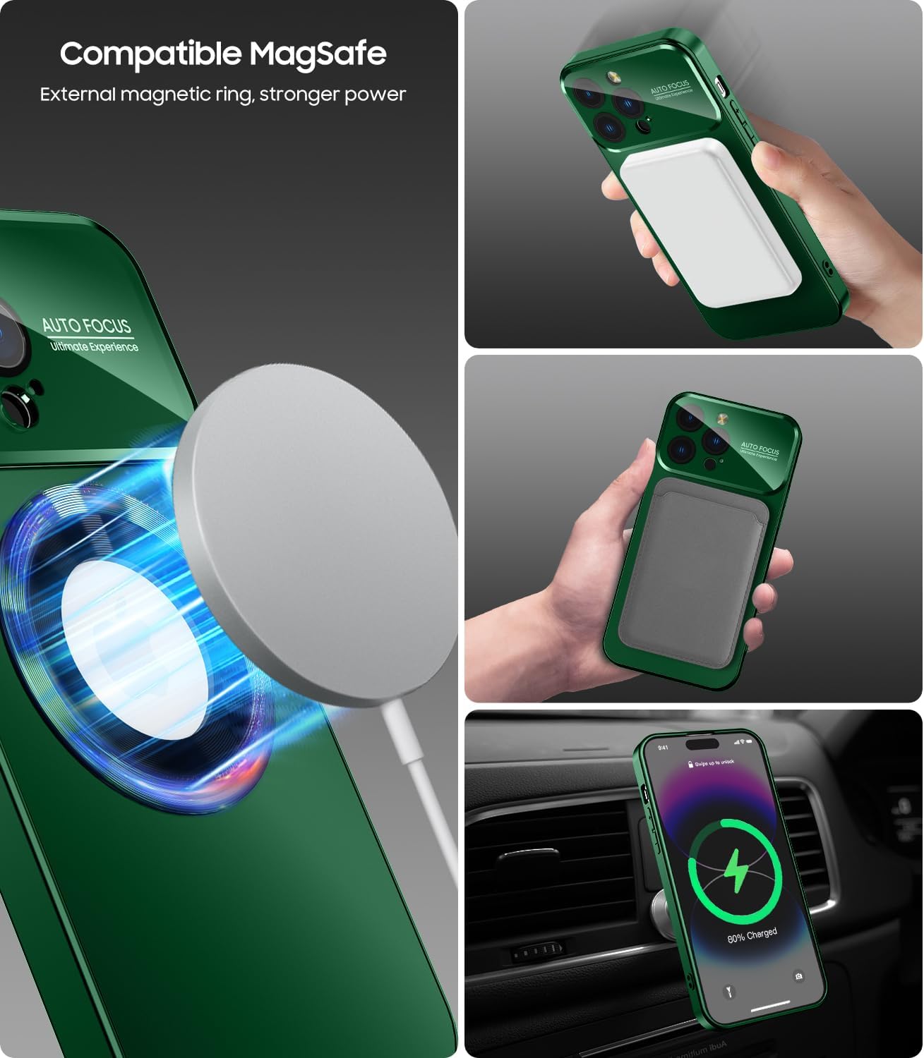 Magnetic for iPhone 13 Pro Case, Built-in Camera Lens Protector, Compatible with MagSafe, Logo View, Military Grade Protective Phone Cover, Dark Green