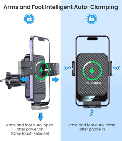 Wireless Car Charger, MOKPR 15W Fast Charging Auto-Clamping Car Mount Universal Hands-Free Car Charger Mount for Dash Windshield Air Vent Compatible with iPhone 15/14/13/12, Samsung S23/S22/S21 Black