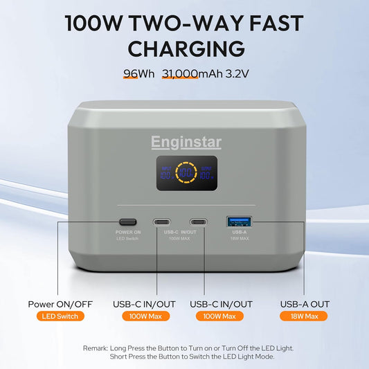 Enginstar Portable Power Station,Outdoor 99Wh LiFePO4 Battery,Solar Generator 100W Two-Way Fast Charging,Power bank for Camping, Traveling, Party and Emergencies