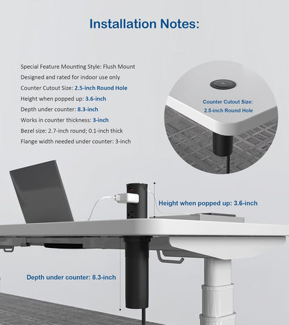 Pop up Outlet for Countertop,2.5 Inch Hole Desktop Power Grommet,Recessed Power Strip,20W USB C Fast Charging,4 Outlets 4 USB Ports,15Amp Tamper Resistant Receptacle for Home,Kitchen,Office Black