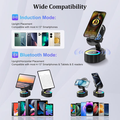 Wireless Induction Audio Bluetooth Speaker 5in1 Phone Holder Emergency Rechargeable (3000mAh) with Colorful Ambient Light 300° Foldable for Tablet iPhone Android, Gifts for Men Women (Black)