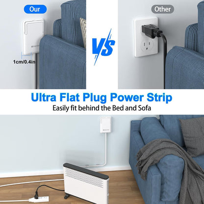 6FT Ultra Flat Plug Extension Cord with 3 Outlets, Ultra-Thin Outlet Cover Power Bar, Universal Size Flat Plug Power Strip, Child & Pet Safe, 1625W