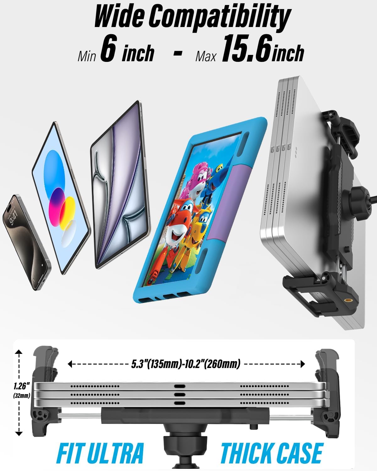 Aluminum Tablet Stand Holder for Desk Mount - [Small Portable] Tablet Holder for Kitchen, Bed Clip with 1.26" Depth Large Clamp for iPad Pro 13 Air Mini, Galaxy, Fire, Switch, iPhone, 6-15.6" Devices