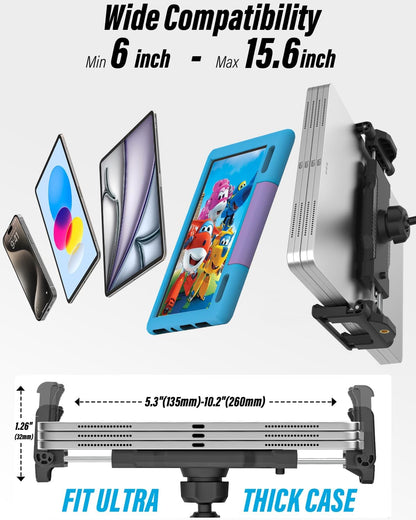 Aluminum Tablet Stand Holder for Desk Mount - [Small Portable] Tablet Holder for Kitchen, Bed Clip with 1.26" Depth Large Clamp for iPad Pro 13 Air Mini, Galaxy, Fire, Switch, iPhone, 6-15.6" Devices