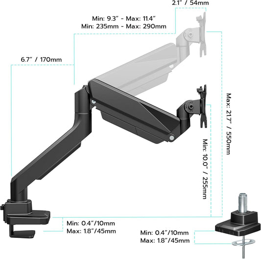 ARES WING Ultrawide Single Monitor Arm, Heavy Duty Monitor Mount for 13"-45" Curved Screens, Adjustable Stand for Desk with C-clamp & Grommet Base up to 40 LBS, Black