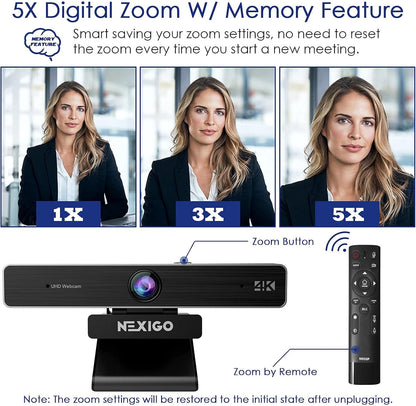 NexiGo Zoom Certified, N950P 4K Zoomable Webcam with Remote Control, Sony_Starvis Sensor, 5X Digital Zoom, Pro Web Camera with Dual Stereo Mics, for Zoom Skype Teams Twitch