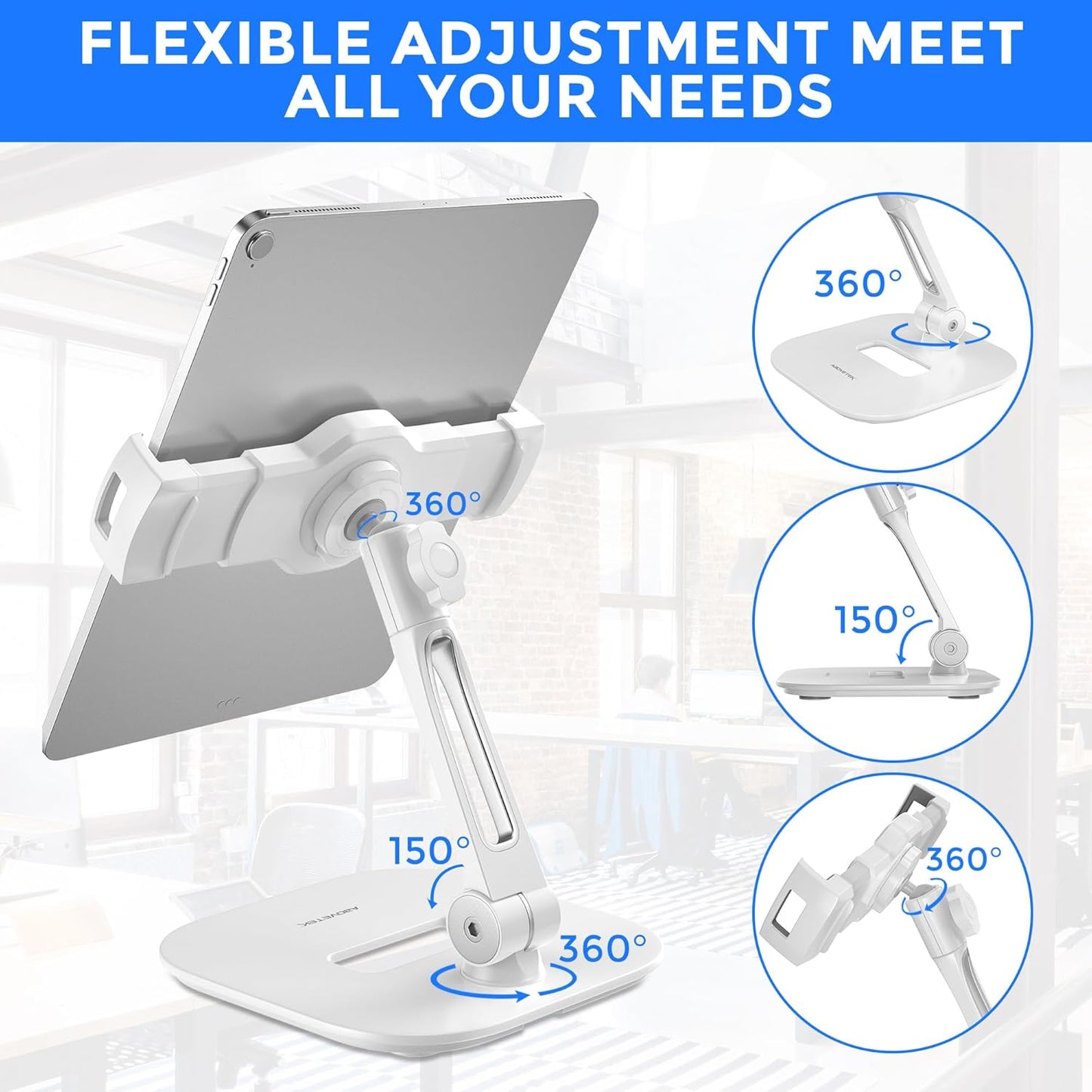 AboveTEK Tablet Stand Holder, Stylish Aluminum iPad Stands, Foldable 360° Swivel iPad iPhone Table Stand Holder fits 4-11" Tablets/Smartphones for Kitchen Bedside Office POS Showroom Reception (White)