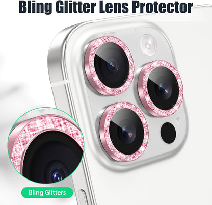 AGVEE 3+3 6 Pack for iPhone 16 Pro 6.3" / 16 Pro Max 6.9" Camera Lens Cover Protector, Bling Diamond & Bling Glitter Metal Ring 9H Tempered HD Glass Camera Cover Protector Film, Bling-Pink