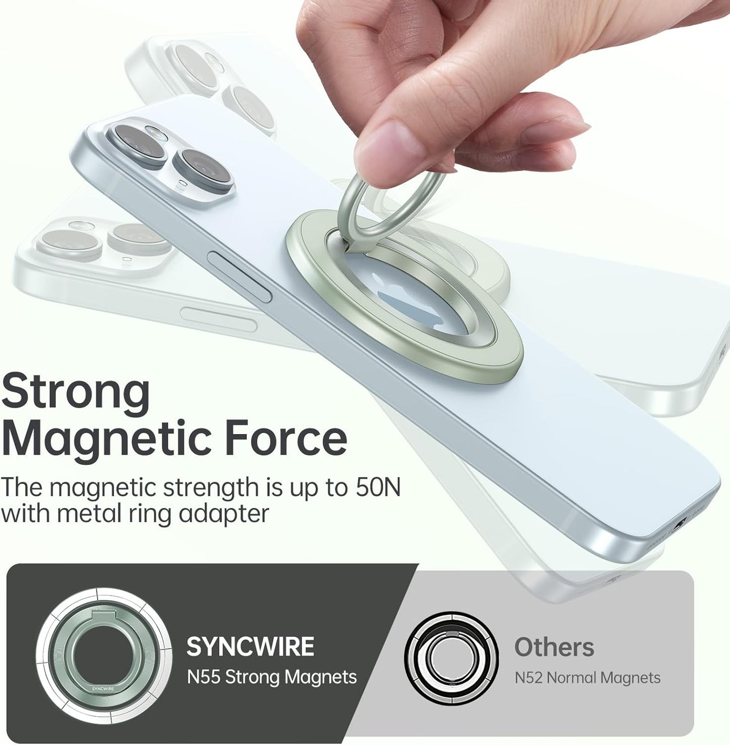 Syncwire Magnetic Phone Ring Holder for MagSafe, Magnetic Cell Phone Grip Stand Finger Ring Kickstand with Two-Sided Magnets Compatible iPhone 16 Pro Max 15 14 13 12 Android, Green