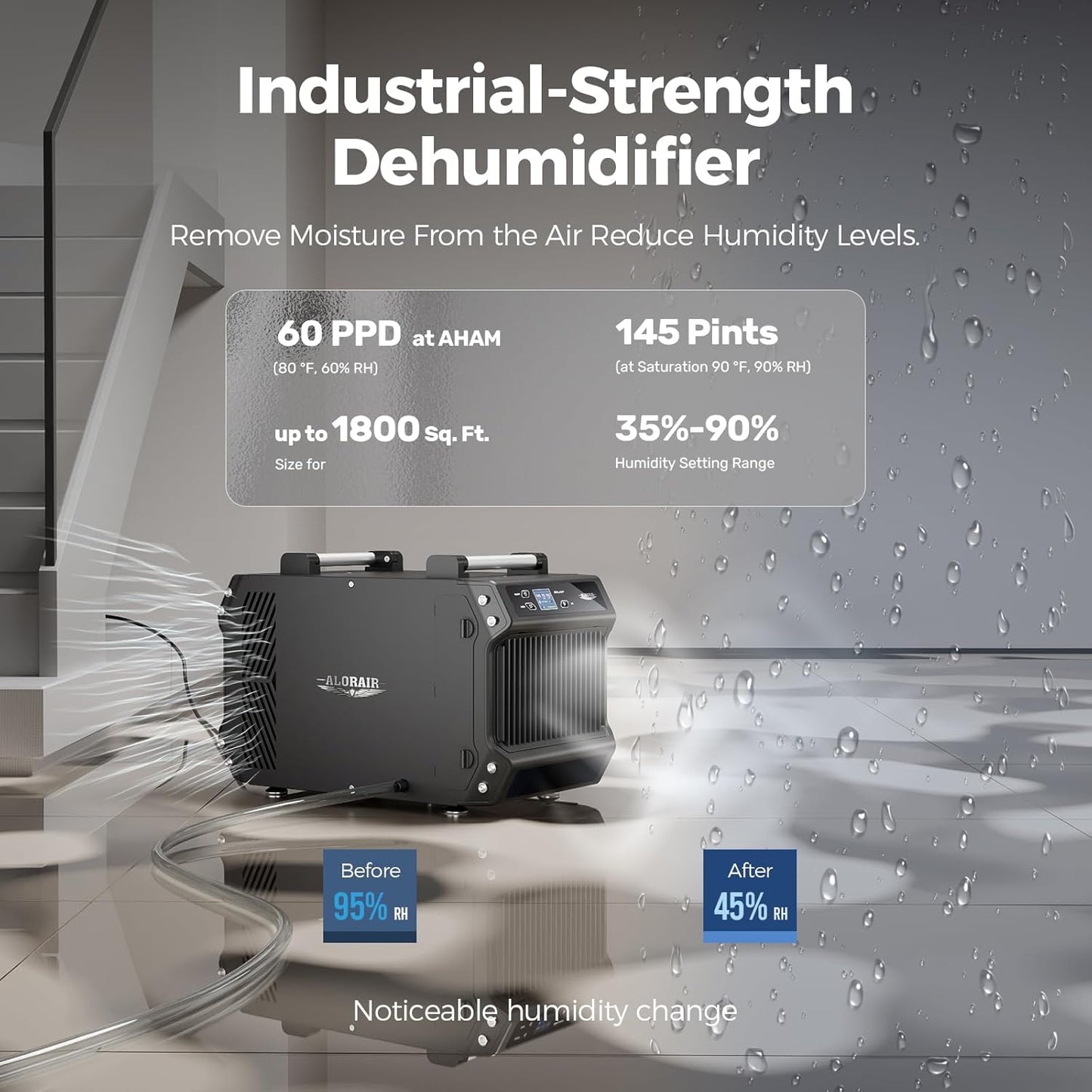 ALORAIR Crawlspace Dehumidifiers, 145 Pint Commercial Dehumidifier for Basements with Drain Hose, 1,800 Sq.Ft Auto Defrost Compact Portable Industry Crawl Spaces Dehumidifier