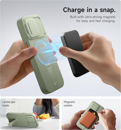 SURITCH for iPhone 15 Pro Case with Magnetic Camera Slide Cover and Adjustable Kickstand, Compatible with MagSafe, Shockproof Bumper Case Slim Protective Cover 6.1 Inch, Green