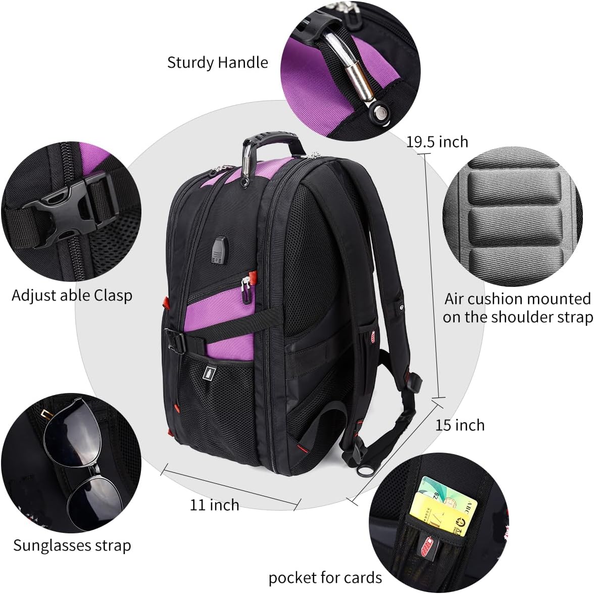 SHRRADOO Extra Large 50L Travel Laptop Backpack with USB Charging Port, College High School Backpack Airline Approved Business Work Bag Fit 17 Inch Laptops for Men Women,Purple