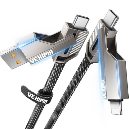 [Upgraded] 4-in-1 USB C Cable 60W 5FT Lightning Cable Fast Charging Flat Nylon Braided for iPhone iPad Charger Cord [480Mbps Data Sync] Multi Charge Wire Combo with Lightning/Type C/USB A Port