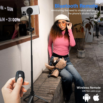 PHOPIK 35" Magnetic Selfie Stick Phone Tripod, Extendable Phone Tripod with Cold Shoe and Remote,Compatible with iPhone/Android/Sport Camera Perfect for Video Recording/Selfies/Insta360 x5（Black）