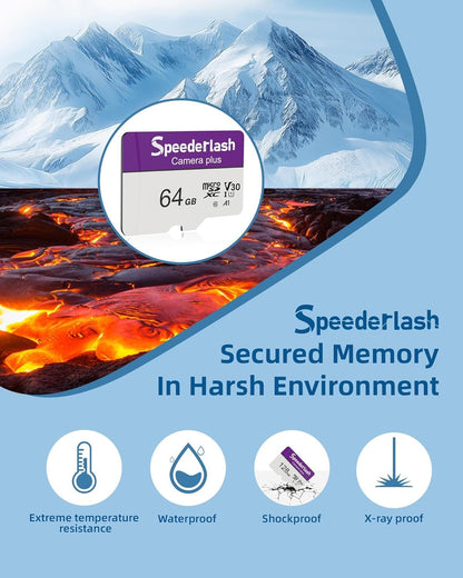 Micro SDXC Memory Card 64GB, Speederlash Camera Plus TF Card with Adapter, Up to 90MB/s Read Speed, 4K UHD&5K Video Support, U1 V30 A1 Rated, Waterproof, for Security Camera, Dashcam, Drones