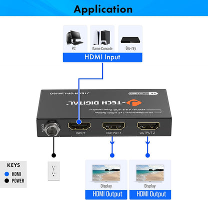 J-Tech Digital HDMI Splitter 1 in 2 Out 4K@60Hz, 1x2 HDMI Splitter for Duplicate/Mirror Screen 4K to 1080P Downscaling Function 3 EDID Settings (JTECH-SP12M18G)