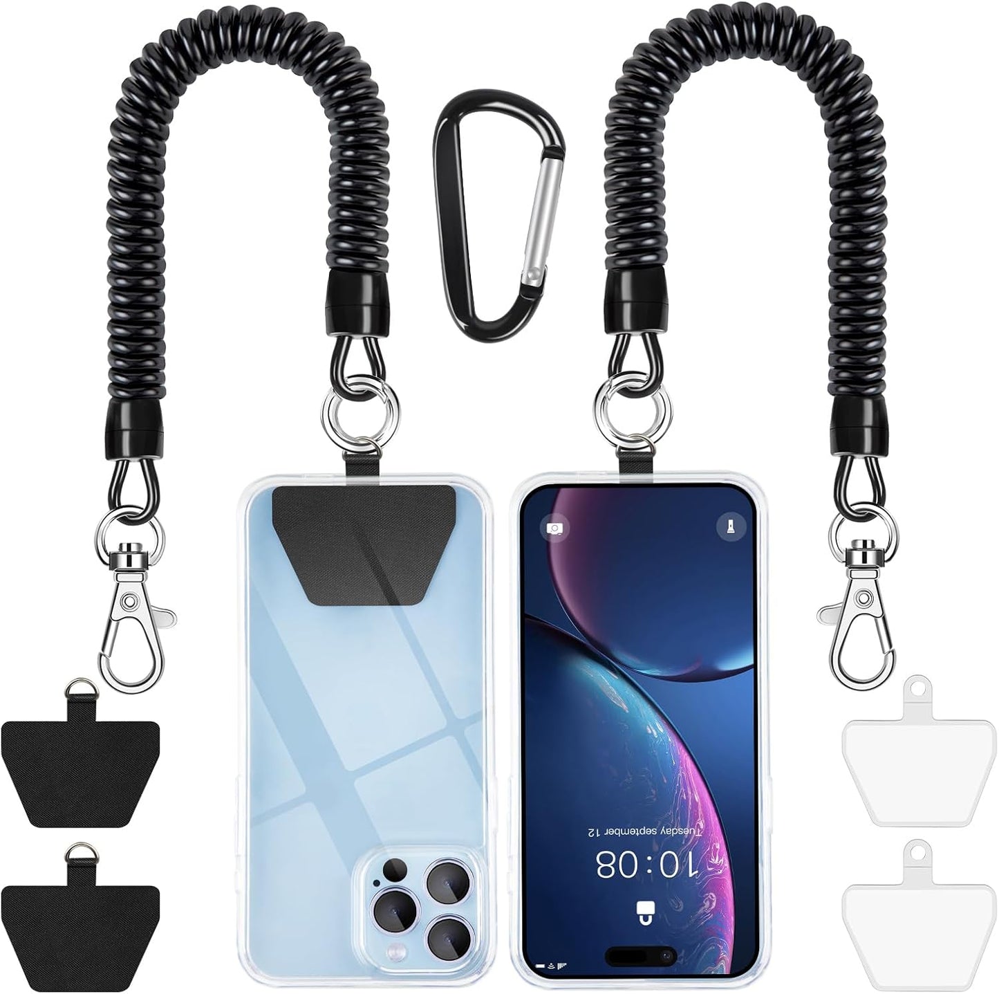 SHANSHUI Phone Lanyard Tether, Anti Theft Spring Phone Strap, 4 x Phone Pacthes & Climbing Hook Universal Phone Lanyard for Keys Outdoor Skiing Hiking Fishing Fitting for All Smartphones - 2PCS Black