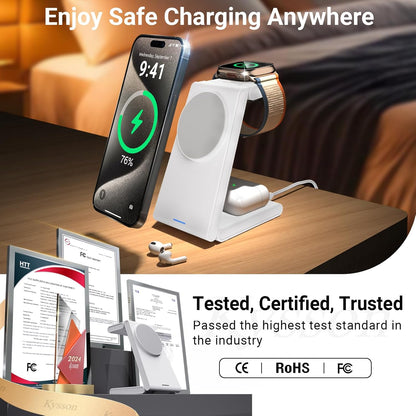 Foldable 3 in 1 Charging Station for Multiple Devices, Travel Wireless Charger for MagSafe Charger Stand, Magnetic Charging Stand for iPhone 16/15/14/13/12 for iWatch AirPods Pure White