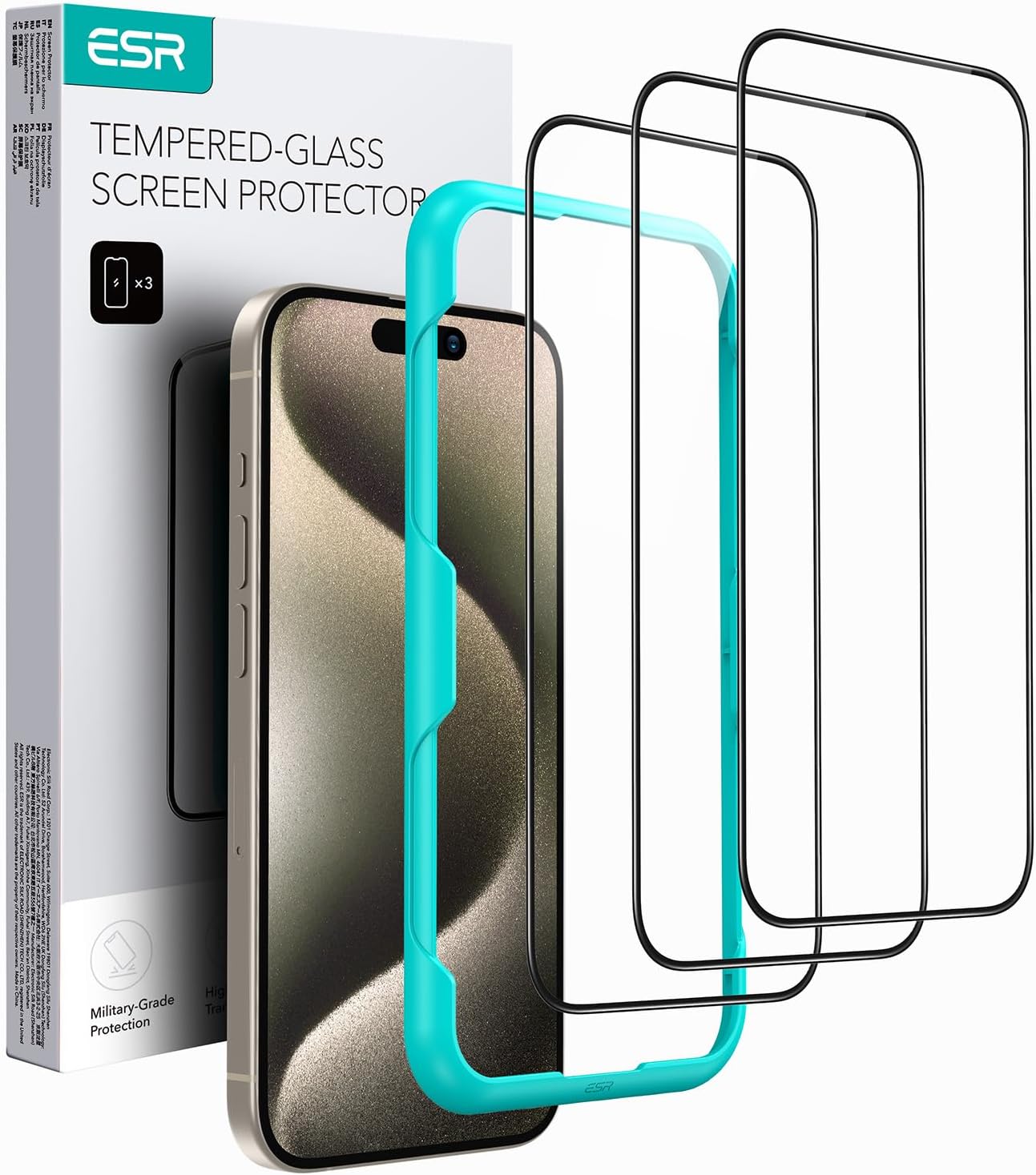 ESR 3 Pack for iPhone 15 Pro Screen Protector, [9H Hardness] [Military Grade Shatterproof] Full Coverage Tempered Glass Film with Easy Installation Tool