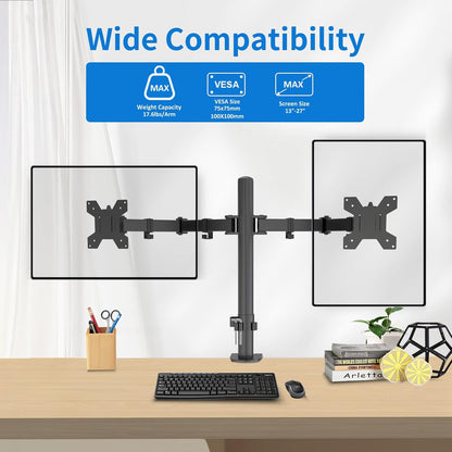 H&C(hcck&Cllassp) Dual Monitor Mount, Monitor Arm with Swivel, Tilt, Rotation, Height Adjustable, VESA Mount for 17-27” Monitors up to 17.6lbs, Desk Mount with C-Clamp, Black