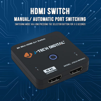 J-Tech Digital 8K HDMI 2.1 Mini Switch 2 in 1 Out 48Gbps 8K 60Hz 4K 120Hz HDR / HDR10 HDMI Switcher for Xbox PS5 BluRay with Auto Switch [JTECH-8KSW21]