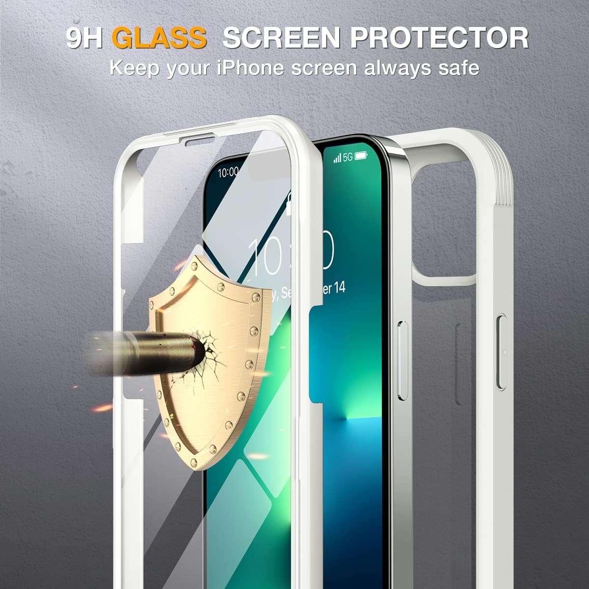 Miracase Glass Case for iPhone 13 Pro Max 6.7 inch, Upgrade Full-Body Clear Bumper Case with Built-in 9H Tempered Glass Screen Protector for iPhone 13 Pro Max, Rice White