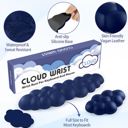 Cloud Wrist Rest for Keyboard and Mouse, Memory Foam PU Leather Keyboard Wrist Rest with Ergonomic Support, Non-Slip Base, Cute Arm Rest Pad & Palm Cushion, Office Desk Accessory, Dark Blue