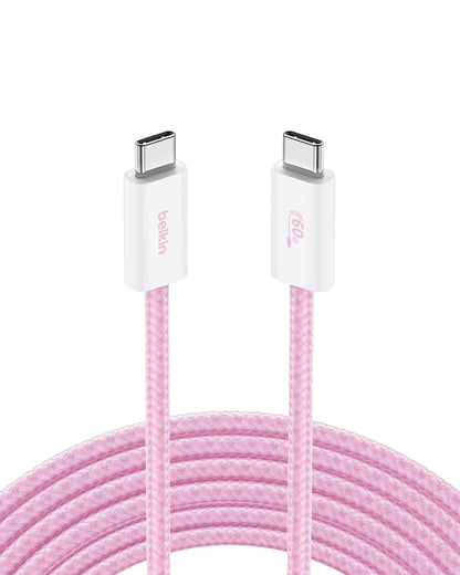 Belkin USB C to USB C Cable, 9.9ft, 60W - Type C Charger, iPhone Charger Cord, Soft, Braided, Flexible for iPhone 16, Galaxy S25, Pixel 9, Airpods, iPad Pro, Table & More, Travel Essentials - Pink