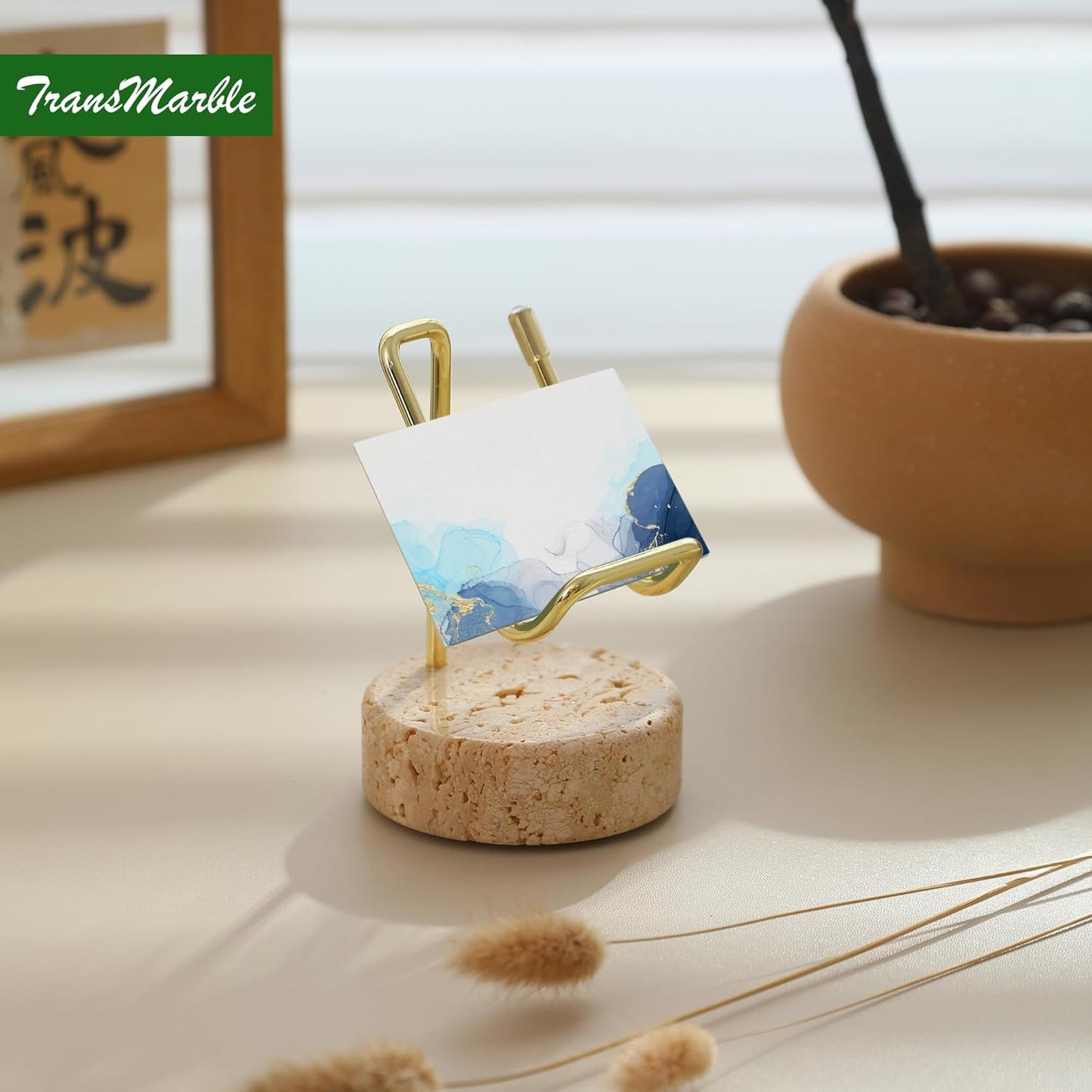 Marble Phone Stand with Metal Holder, Charging Available While Using, Swipe Up to Unlock, Made of Natural Marble as Business Card Holder for Office Desk (Travertine Beige + Gold)