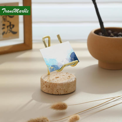 Marble Phone Stand with Metal Holder, Charging Available While Using, Swipe Up to Unlock, Made of Natural Marble as Business Card Holder for Office Desk (Travertine Beige + Gold)