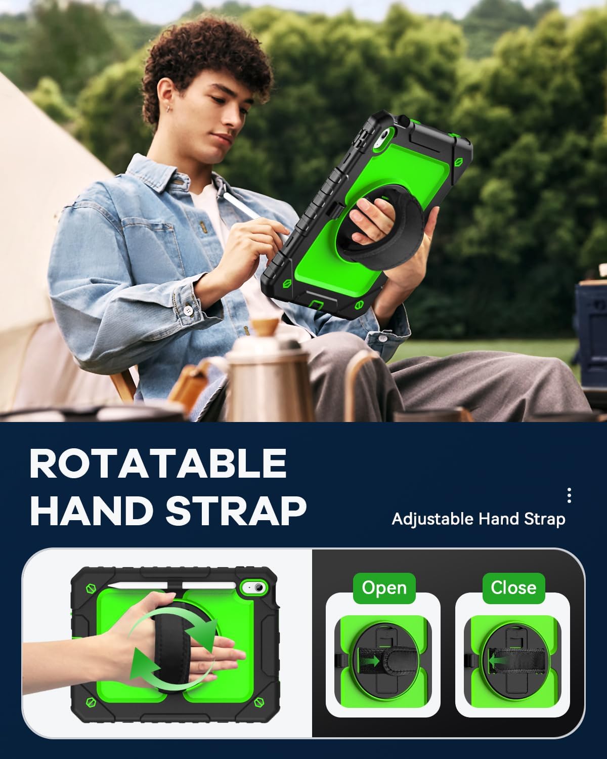 Cantis Case for iPad 11-inch (A16) 2025/ iPad 10th Generation 2022 (10.9 inch) with Screen Protector, iPad 11th Case with 360 Degree Rotating Stand/Shoulder Strap/Pencil Holder, Black+Green