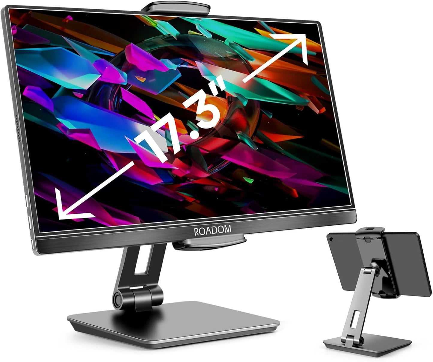 ROADOM Tablet Stand, Adjustable 360° Swivel Bracket, 180° Tiltable Clamp,Foldable Tablet Holder for 4.7-17.3'' iPhone/iPad/Tablet/Portable Monitor, Aluminum Alloy, Black