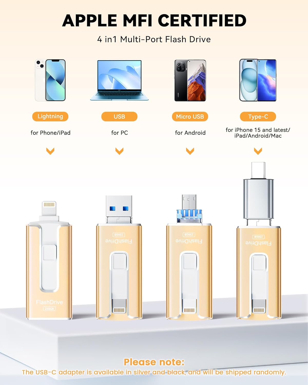 MFi Certified 256GB Flash Drive for iPhone iPad, Photo Stick for External Memory Storage, Easily Back Up and Save Photos Videos, USB Memory Stick Thumb Drive for iPhone/iPad/Android/PC (Gold, 256GB)