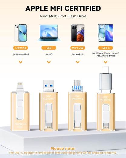 MFi Certified 256GB Flash Drive for iPhone iPad, Photo Stick for External Memory Storage, Easily Back Up and Save Photos Videos, USB Memory Stick Thumb Drive for iPhone/iPad/Android/PC (Gold, 256GB)