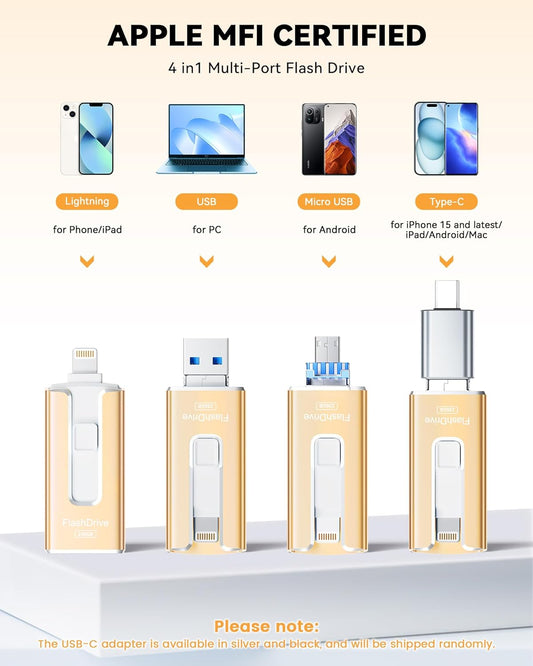 MFi Certified 256GB Flash Drive for iPhone iPad, Photo Stick for External Memory Storage, Easily Back Up and Save Photos Videos, USB Memory Stick Thumb Drive for iPhone/iPad/Android/PC (Gold, 256GB)