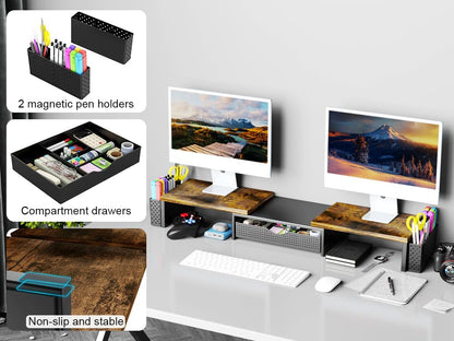 Spacrea Metal Desk Organizers and Accessories, Dual Monitor Stand Riser with Drawer and 2 Pen Holders, Desk Accessories & Workspace Desktop Organizers for Office Supplies (Wood)