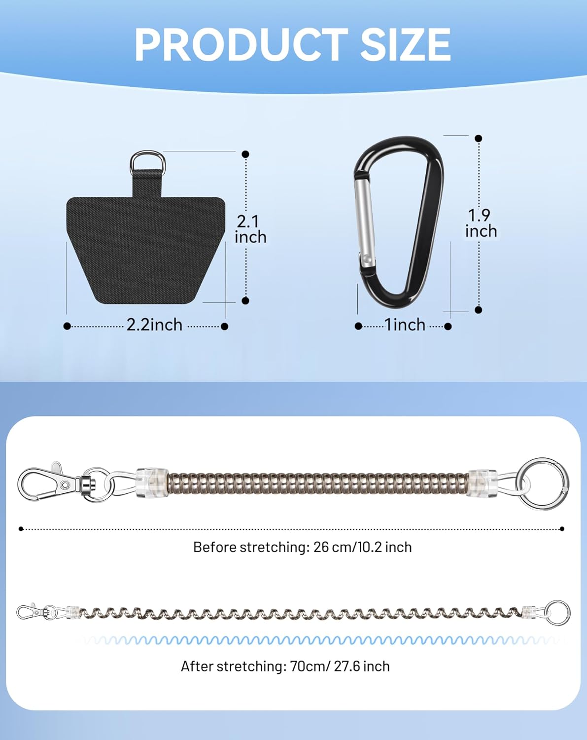 Phone Tether Lanyard, SHANSHUI Strong Spring Rope Climbing Hook, 4x Phone Tether Tabs Free Your Hand Anti Theft Phone Strap for All Smartphones for Outdoor Cycling Climbing Skiing Hiking - 2PCS Sliver