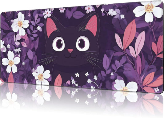 Mouse Pad Large Cat Hiding in The Floral Non-Slip Game Desk Mat with Stitched Edge Laptop Keyboard Desk Pad for Work Home Gaming (35.4 x 15.7 Inches)