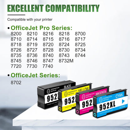 952XL High Yield Ink Cartridges Combo Pack Replacement for HP 952XL 952 Ink Cartridge Work with OfficeJet Pro 8710 7740 8720 8715 8210 8703 OfficeJet 8702 Printers (Black Cyan Magenta Yellow 4-Pack)