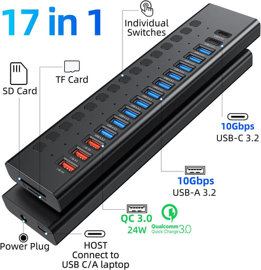 Powered USB Hub 10Gbps, 17 Ports 96W USB 3.2 Hub(10 USB-A 3.2 Ports+3 QC 24W Fast Charging Ports+2 USB-C 3.2 Ports+SD/TF Card Reader), 12V/8A Power Adapter for Laptop, PC, Computer, HDD,Flash Drive