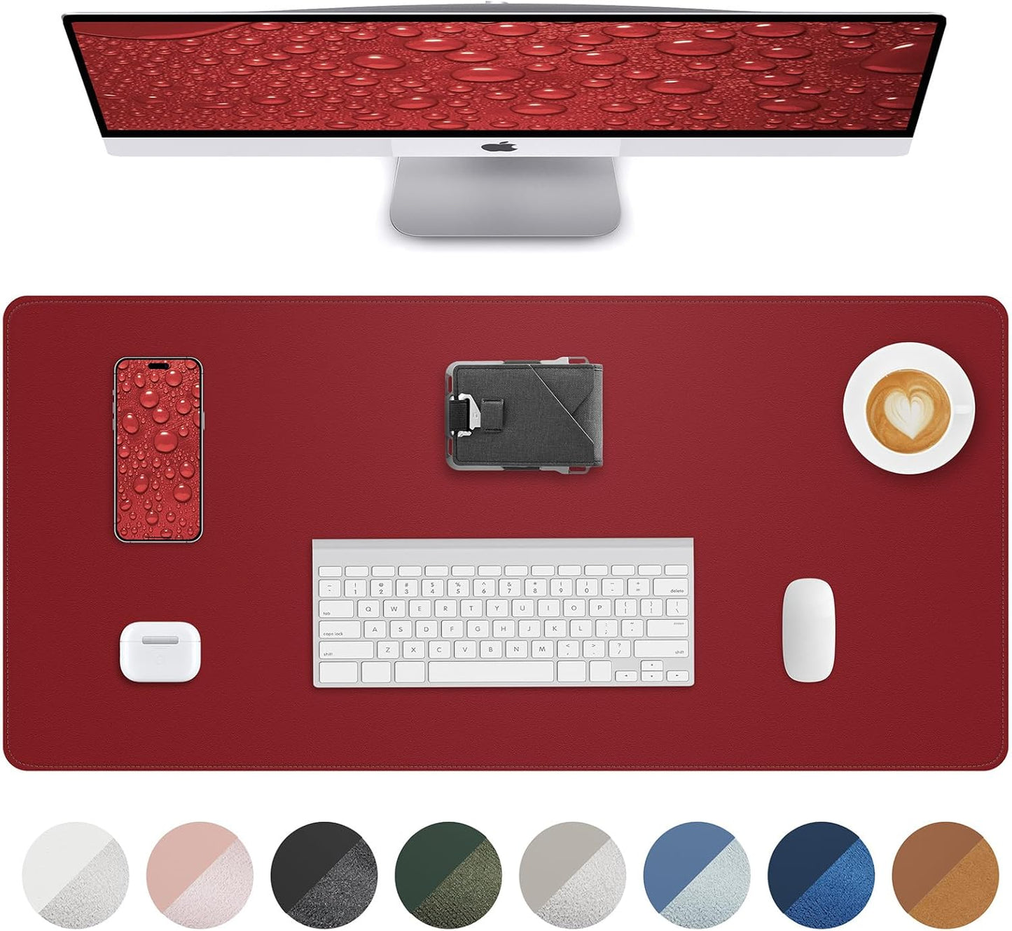 PU Leather Desk Pad Protector - 36"x17" Large Non-Slip Desk Mat, Waterproof Office Desk Blotter for Keyboard & Mouse, Premium Workstation Cover for Home & Office (Red)