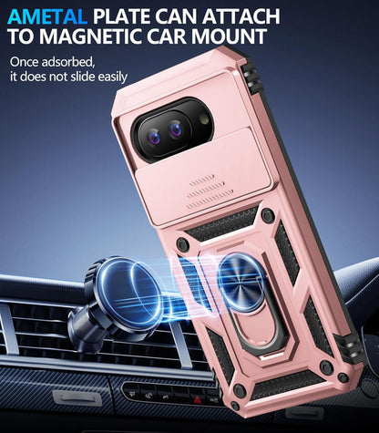 Taisairu for Google Pixel 9A Case with Screen Protector & Slide Camera Lens Cover, Built-in 360°Rotate Magnetic Ring Stand Shockproof Protective Phone Case for Google Pixel 9A Case (Rose Gold)