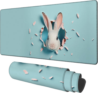 Gaming Desk Pad Large Extra Length Bunny Peeking Out of A Hole Mouse Pad Keyboard Laptop Non-Slip Waterproof with Rubber Base Thick Stitched Edge Mouse Mat for Office Home 35.4 x 15.7 Inches